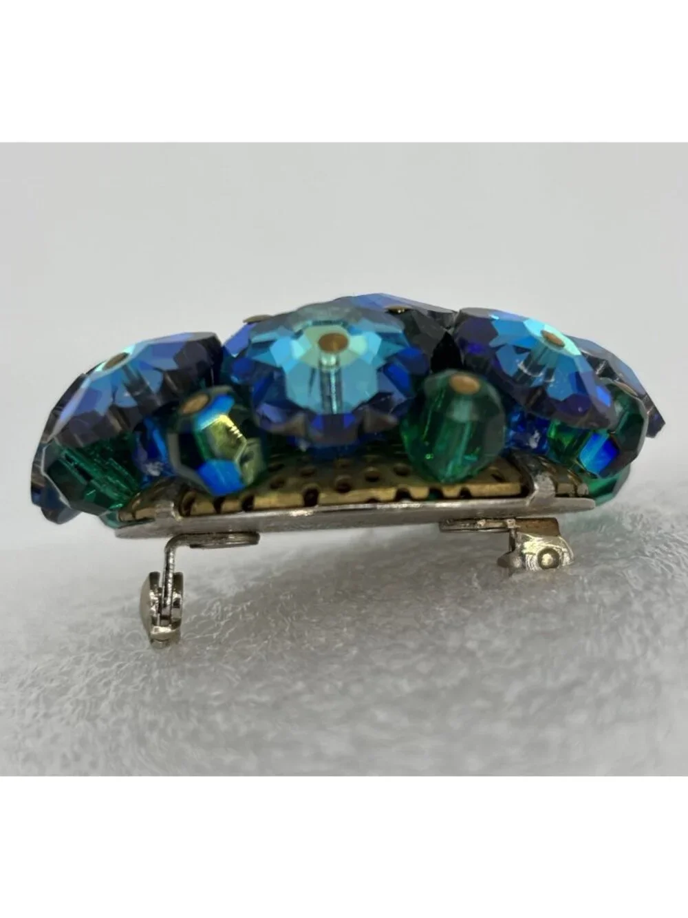 Vintage Margarita Rivoli Crystal Brooch Domed Deep Blue Aurora Borealis Unsigned